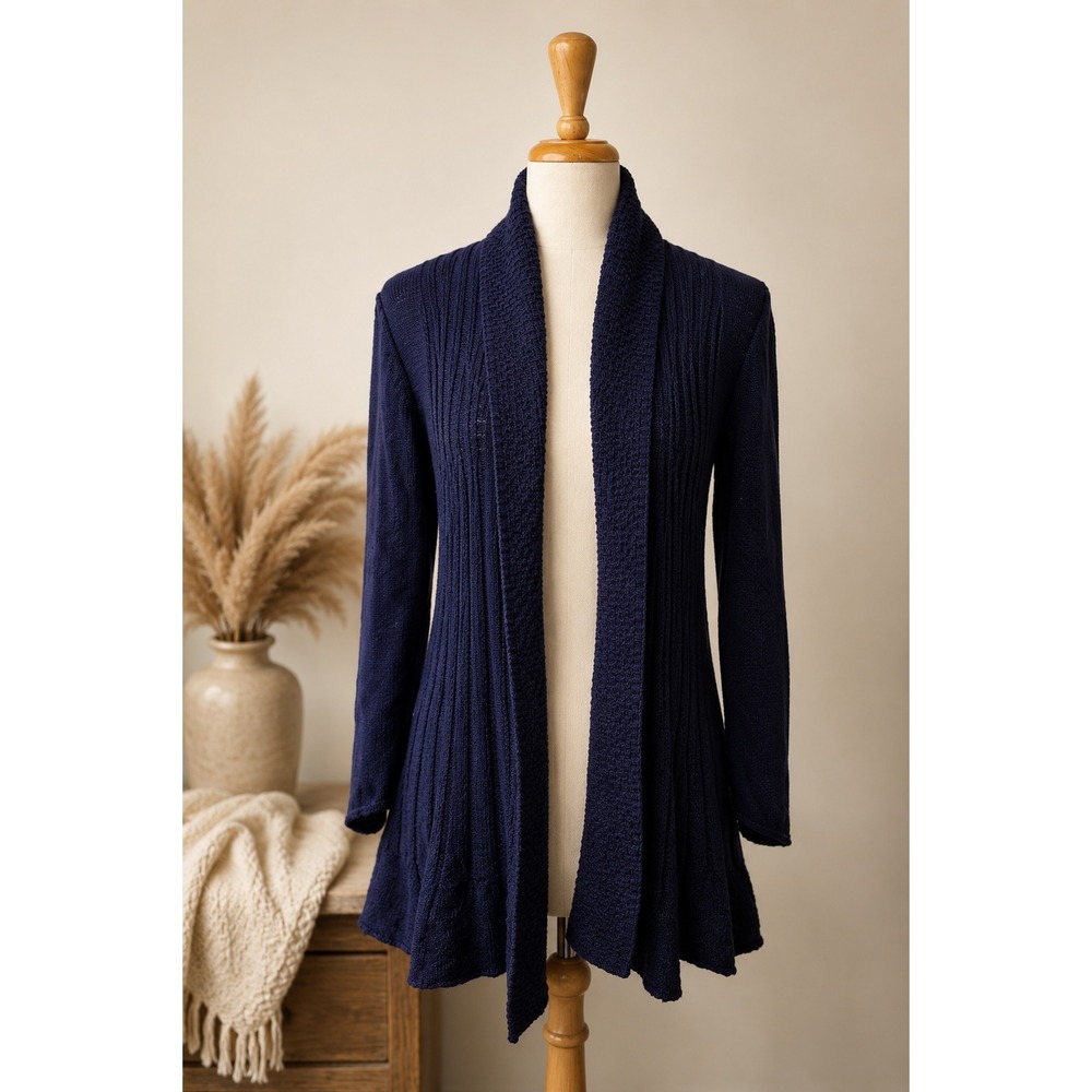 Tribal Pure Cotton Open Front Rib Knit Cardigan Sweater Cottagecore Navy Blue XL